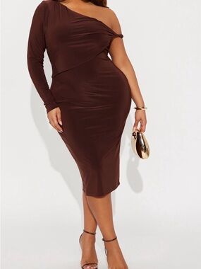 Fashion Nova One-Shoulder Chocolate Brown Bodycon Dress🤎